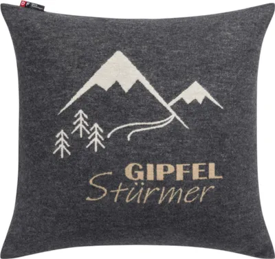 A dark gray pillow with a mountain and tree graphic and text.