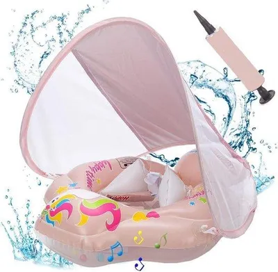 Produktbild von Baby-Schwimmring mit abnehmbarem Sonnendach - Schwimmhilfe mit verstellbaren Schultergurten - Schwimmtrainer aufblasbarer Schwimmflügel für Babys - 3 bis 36 Monate