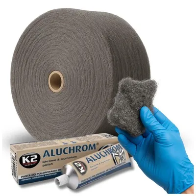 Produktbild von K2 Aluchrom 120g + Stahlwolle Metallwolle 1 kg Grad 0+00 – Profi Felgenpolitur Set zur Reinigung, Politur & Metallpflege inkl. Nitrilhandschuhe