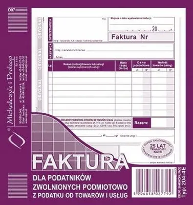Zdjęcie produktu dla Faktura dla podatników zwolnionych...204-4E