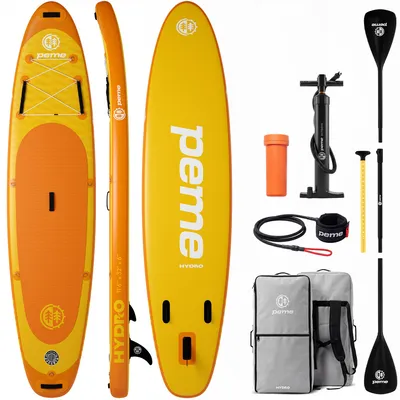 Zdjęcie produktu dla Deska do wiosłowania na stojąco PEME – Bright Sun – 350 cm – podwójne wiosło i komplet akcesoriów, SUP, nadmuchiwana deska surfingowa, do 166 kg – żółto-pomarańczowa