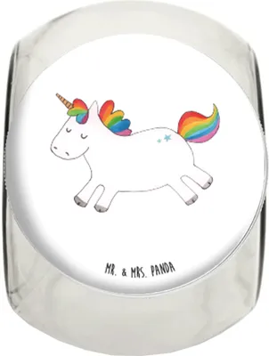 Produktbild von Mr. & Mrs. Panda Bonbonglas Einhorn Happy XL 2000ml - Weiß - Geschenk, keksdose glas, Bonboniere, Unicorn, Kaffeedose, glasbehälter, glücklich, Vorratsbehälter, Einhörner