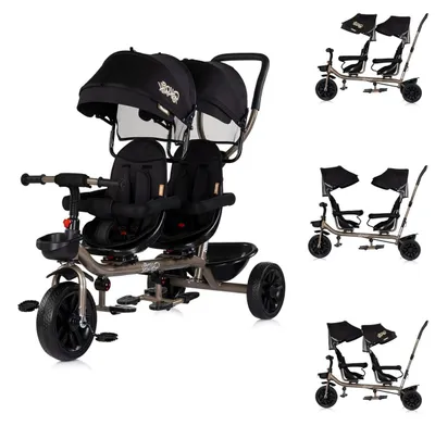 Obrázek produktu pro Babyshoppen tříkolka pro sourozence Hip Hop, rukojeť, sedadla otočná o 360°, pásy černé