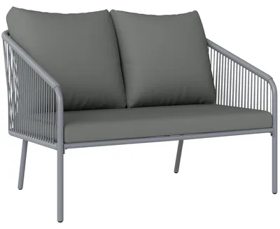 Produktbild von Zweisitzer-Gartensofa aus Kunstharzgeflecht mit Kissen, Outdoor-Sofa mit Armlehnen und Stahlrahmen, 112 x 72 x 76 cm, grau