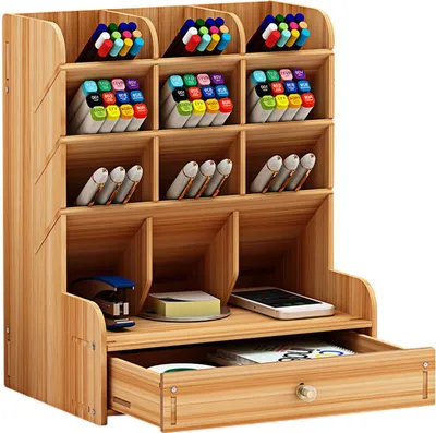 Produktbild von Wooden Desktop Organizer Multifunktionaler Stifthalter Aufbewahrungsbox Desktop Stationaerer Aufbewahrungsorganisator mit Schublade fuer die Home Office School