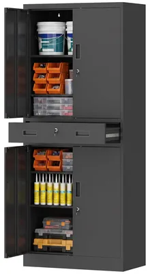 Productafbeelding van Metalen kast 180 cm, gereedschapskast met afsluitbare deuren, lade en verstelbare planken, zwart