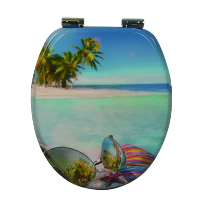 A toilet seat with a beach scene printed on it.