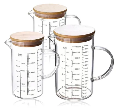 Immagine prodotto di Set di misurini in vetro, 3 pezzi, capacità: 350 ml, 500 ml, 1000 ml, con coperchi in bambù e maniglie