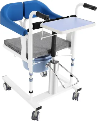 Immagine prodotto di Sedia elevatrice idraulica per pazienti - Sedia da bagno con rotelle e freno - Regolabile in altezza - Portata 100 kg - Girevole, imbottita, blu