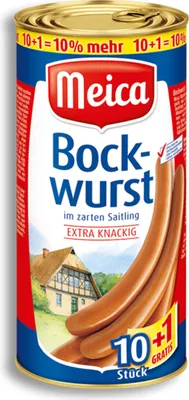 A can of Meica Bockwurst with sausages visible.