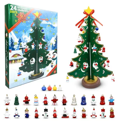 Produktbild von Adventskalender 2026 Holz Weihnachtsbaum mit 28 Anhänger Ornamente Stil B