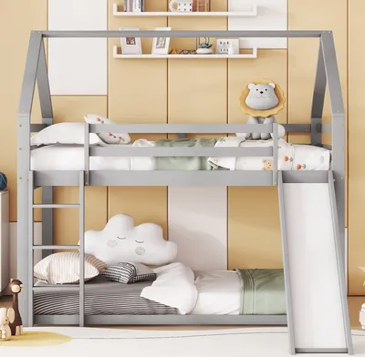 Produktbild von Flieks Etagenbett 140x200cm, Kinderbett Hausbett mit Rutsche und Leiter, Hochbett mit Lattenrost, Stockbett Holzbett mit Rausfallschutz, Grau