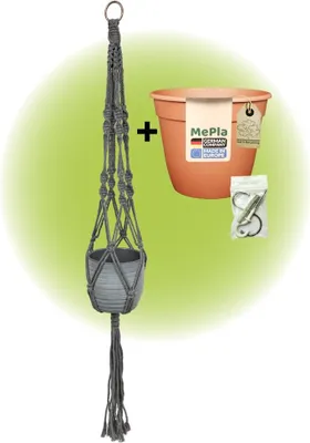 Produktbild von MePla - Set - Ampel Makramee Grau - Bergamo ø13 Hellgrau + Pflanztopf ø12 + Beipack-Set 21550-001