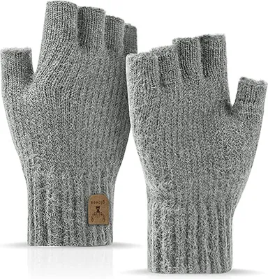 Image de ASKSA Gants sans doigts, Gants sans doigts Hiver Gants chauds en tricot, Gris