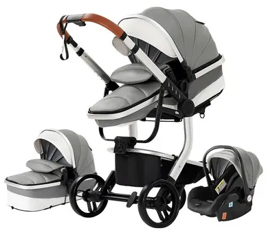 Image de Poussette 3-en-1 - Poussette légère pour bébé avec siège auto et revêtement en similicuir - Gris