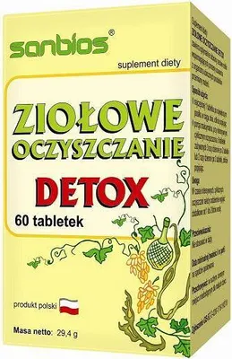 A product box for SANBIOS herbal cleansing detox tablets.