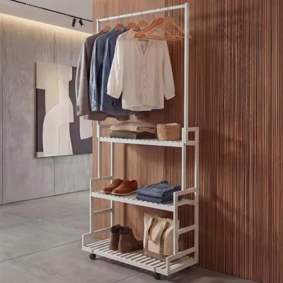 Produktbild von Bambus Standgarderobe HWC-Q33, Garderobenständer Kleiderständer Schuhregal, Stange 3 Ablagen Rollen 175x93x38cm  weiß