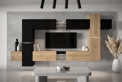Produktbild von Furnitech Wohnwand Wohnzimmer - Wohnzimmer Möbel mit LED RGB - 16 Farben - Hängend Wohnwand Modern - Regale und TV Schrank (AN91NEW-21BS-M10 MATT)