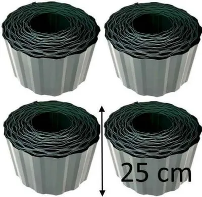 Four rolls of garden edging are shown against a white background. A measurement of 25 cm is indicated by an arrow.