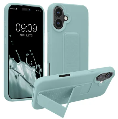 Produktbild von kwmobile Handyhülle für Apple iPhone 16 Plus Hülle - TPU Silikon Case mit Fingerhalter und Stand - Schutzhülle Cover in Mintgrün