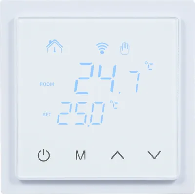 A white smart thermostat with a digital display showing temperature and settings.