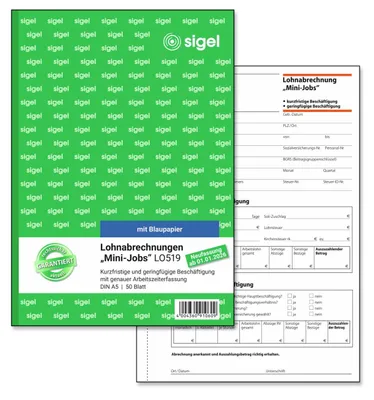 Produktbild von SIGEL LO519 Lohnabrechnungen "Mini-Jobs", Neufassung gültig seit 01.01.2015, A5, mit Blaupapier, 50 Blatt