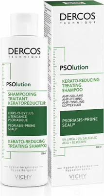 A bottle and its packaging for Vichy Dercos Psolution Kerato-Reducing Treating Shampoo.