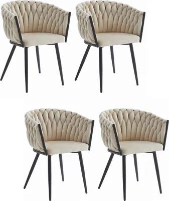 Produktbild von Stuhl ARONA, beige Samt gepolstert mit Armlehnen, schwarze Metallbeine, Abmessungen 61x79x55 cm, für das Wohnzimmer, Esszimmer, 4 Stück