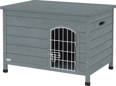 Produktbild von Hundehütte, Hundehaus mit Tür, Hundebox, Haustierhütte, Tannenholz, Dunkelgrau