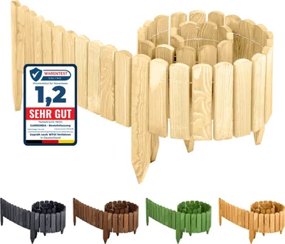 A light wood garden border fence is shown coiled and uncoiled, with smaller examples in different colors below. A review badge is visible on the left.