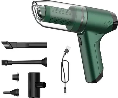 A green and transparent handheld vacuum cleaner with various attachments and a USB charging cable, displayed against a white background.