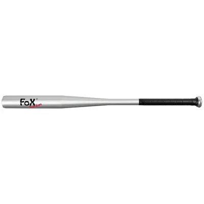 A silver baseball bat with a black grip is shown horizontally against a white background.