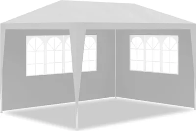 A white party tent with windows.