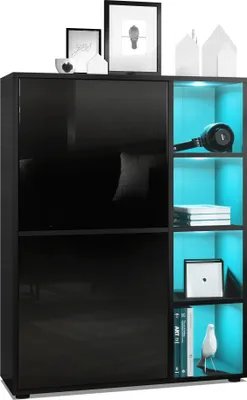 Produktbild von Vladon Highboard Schrank Anrichte Cuba mit 8 Fächern,  Germany, Korpus in Schwarz matt / Fronten in Schwarz Hochglanz, mit RGB LED Beleuchtung