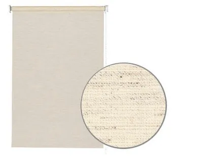 A roller blind is shown on a white background, with a close-up of the fabric texture.