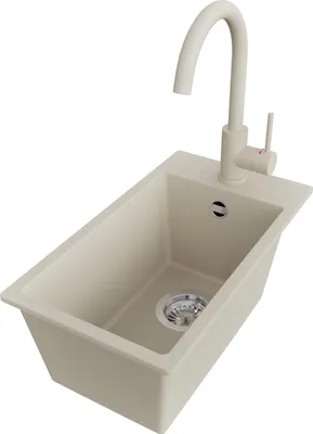 Produktbild von PRIMAGRAN Granitspüle Beige 28x50cm, Spülbecken 1 Becken + Küchenarmatur 32x20cm + Ablauf-Set, Küchenspüle ab 30er Unterschrank - Riga