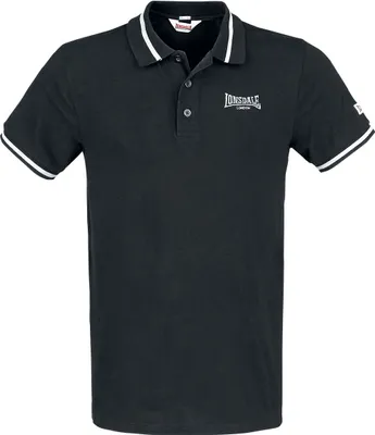 A black Lonsdale polo shirt with white trim on the collar and sleeves, displayed flat against a white background.