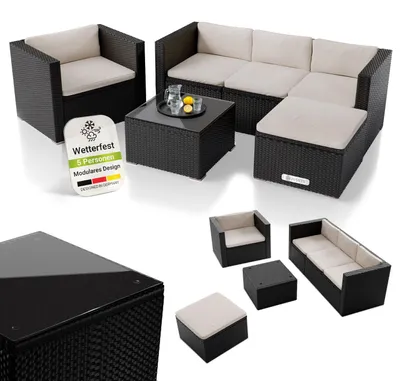 Produktbild von Juskys Polyrattan Lounge Punta Cana L schwarz – Gartenlounge Set für 4-5 Personen – Sitzgruppe mit Sessel, Sofa, Tisch & Hocker - Sitzbezüge Creme