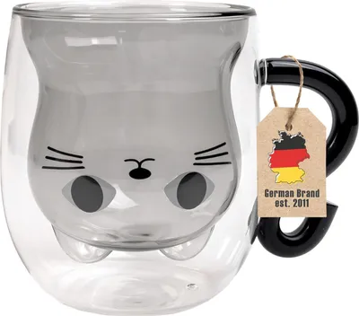 Produktbild von Intirilife Thermo Glas Doppelwandig mit Design Katze in Schwarz - 200ml Füllmenge - Isolierte Tassen Becher aus Glas hitzebeständig für kalte und heiße Getränke Kaffeetasse Teetasse Trinkglas