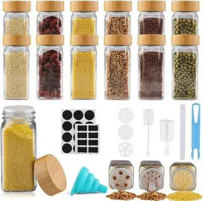 Zdjęcie produktu dla Pojemniki na przyprawy z bambusową pokrywką – 12 sztuk – 120 ml