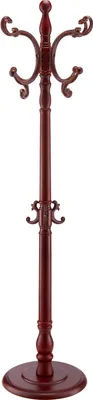 A wooden coat rack with multiple hooks and a round base, presented against a white background.