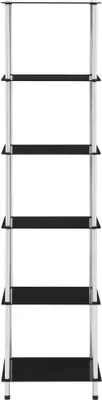 A tall, narrow, five-shelf shelving unit with silver-colored vertical supports and black shelves, presented against a plain white background.