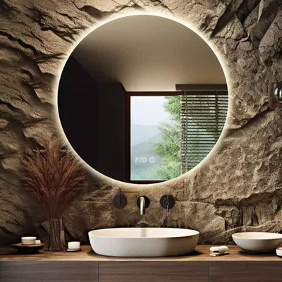 A modern bathroom with a stone-tiled wall, a round illuminated mirror, and a white sink.