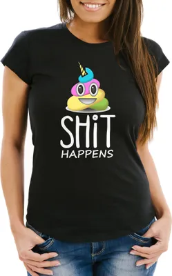 Produktbild von Damen T-Shirt Shit Happens bunter Kack-Haufen Einhorn Pile of Poo Slim Fit Moonworks® schwarz S