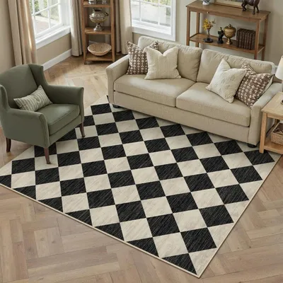 Immagine prodotto di Tappeto 160x230 cm, nero, lavabile, moderno, a motivi quadri, in poliestere