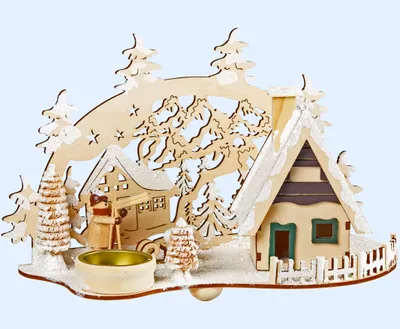 Produktbild von Räucherhaus mit Teelichthalter - A - Winterkind mit Ski und Schlitten
