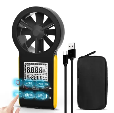 Obrázek produktu pro Digitální anemometr, anemometr s měřením teploty, měření rychlosti větru 0,3–30 m/s, měření průtoku vzduchu 0–999 900 ft³/min, zobrazení max./min./v reálném čase pro vytápění, větrání a klimatizaci, pro domácnost