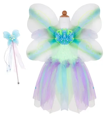 Produktbild von Schmetterlingskleid grün, mit Flügeln und Zauberstab, für Kinder von 5-6 Jahren