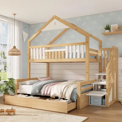 Produktbild von okwish Etagenbett 90/140×200 mit 2 Schubladen und Stauraumleiter, Kinderbett mit Giebeldach,Jugendbett in Eiche+Weiß,ohne Matratze