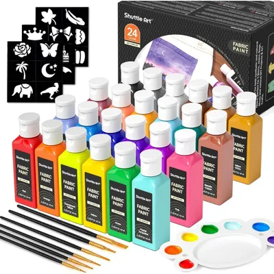 Produktbild von Textilfarben Set 24 Farben 60 ml Flaschen mit Pinseln und Vorlagen, waschmaschinenfest